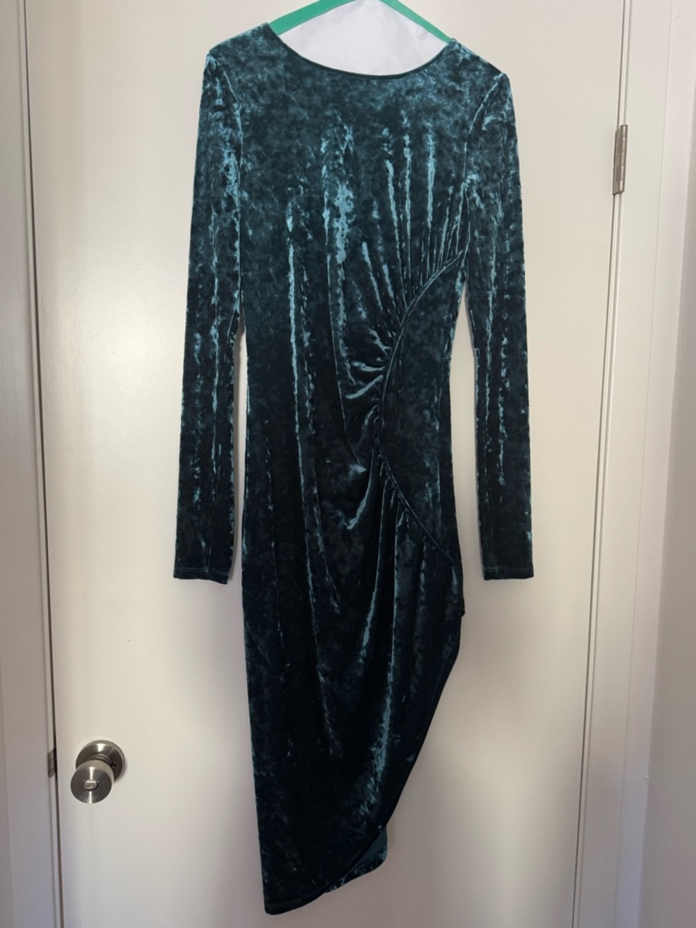 Patrizia Pepe Teal Velvet Long-Sleeve Ruched Midi Dress with open back